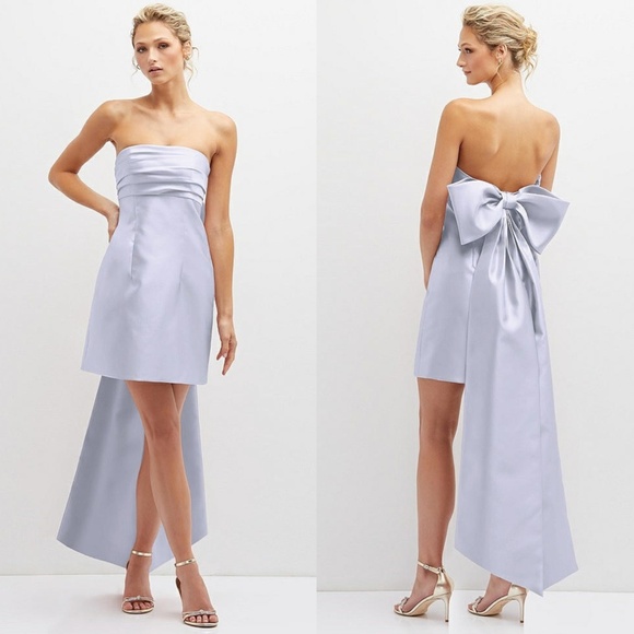 D697 NEW ALFRED SUNG Silver Dove OVERSIZE BOW BACK Strapless SATEEN Mini DRESS 8 - Picture 1 of 16